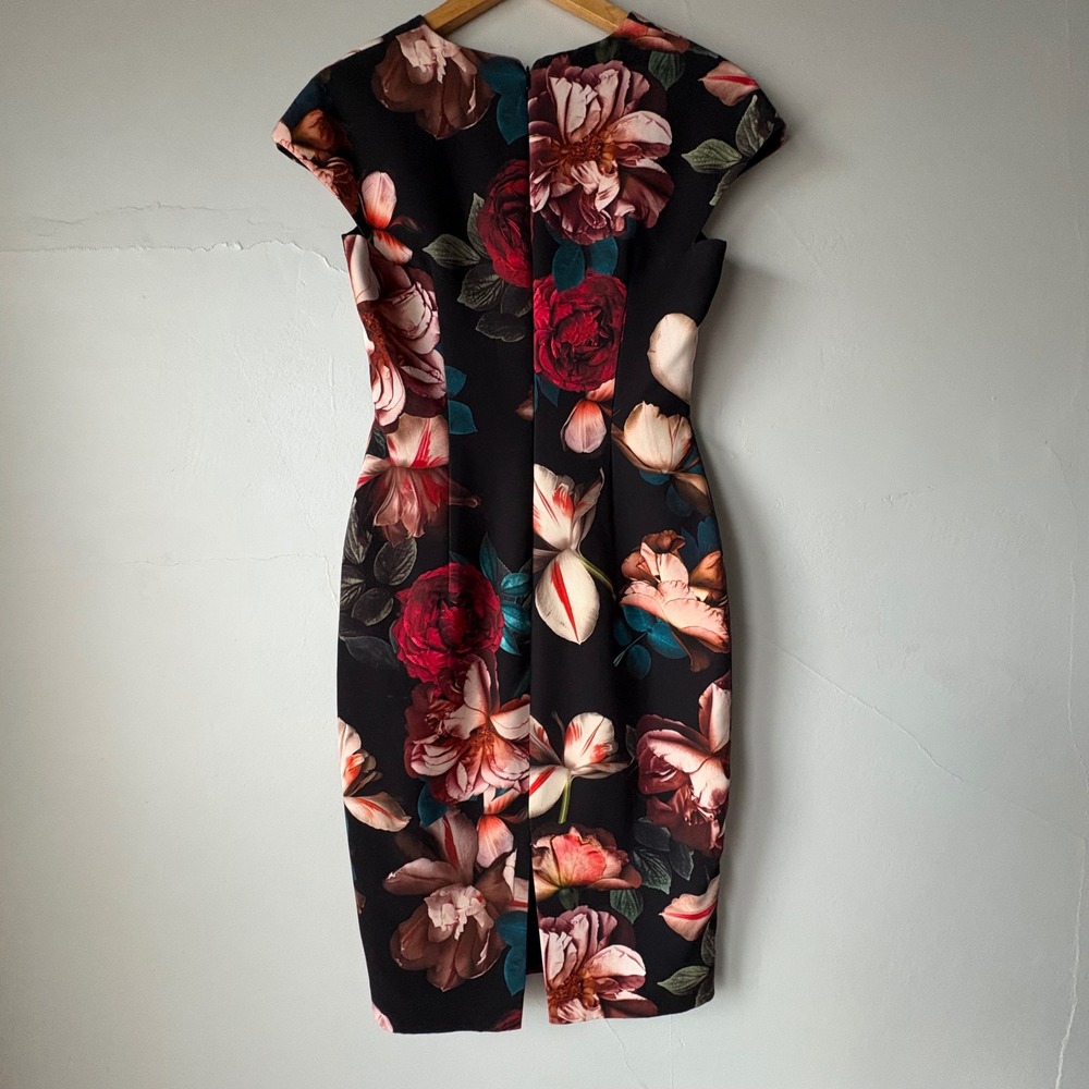 Black Halo Floral V-Neck Cap Sleeve Sheath Dress Black Red Size 4 - Picture 6 of 7